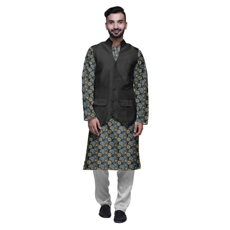

Atasi Traditional Printed Kurta Churidar Pajama Set With Nehru Jacket For Men