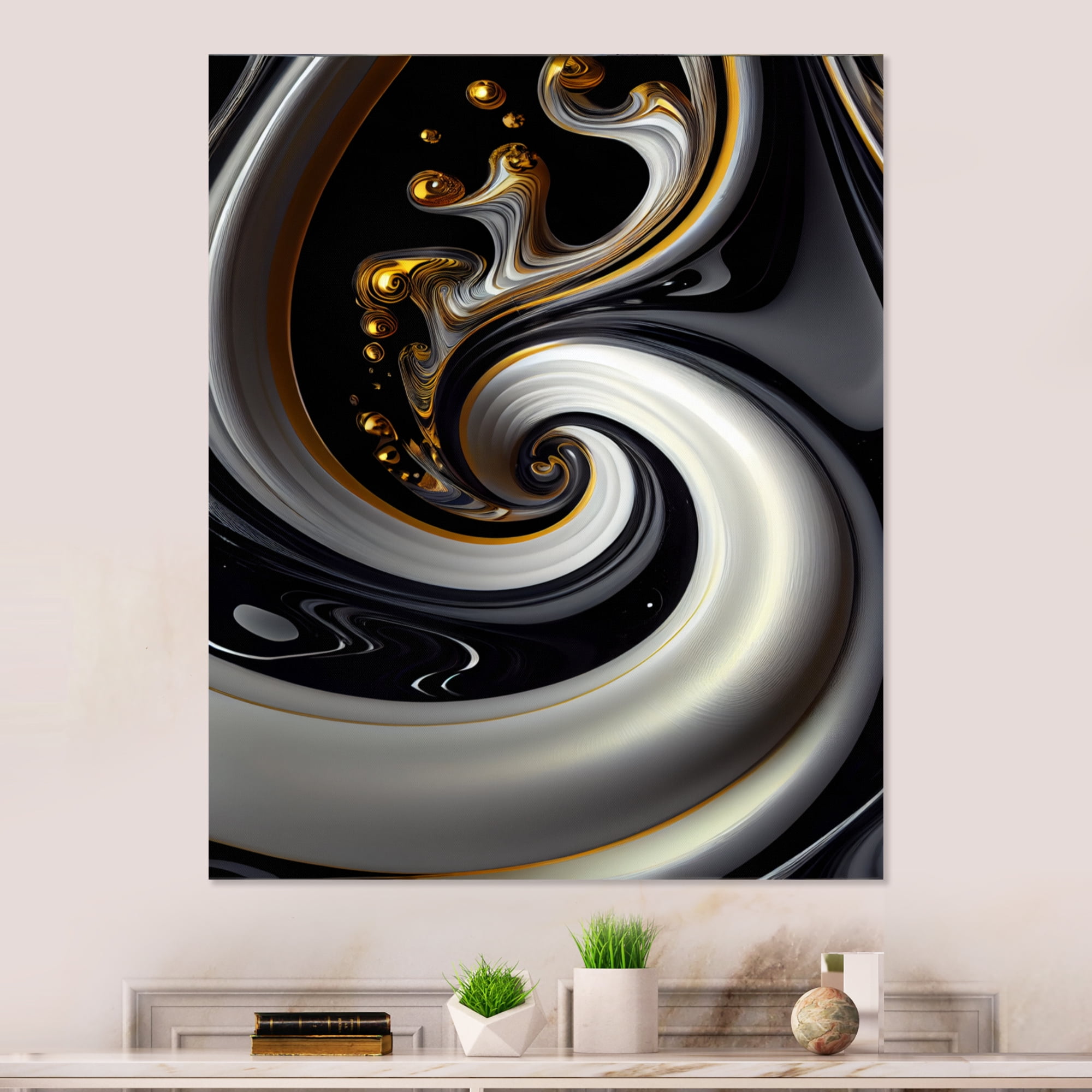 Designart Gold Black And White Stained Glass VI Canvas Wall Art