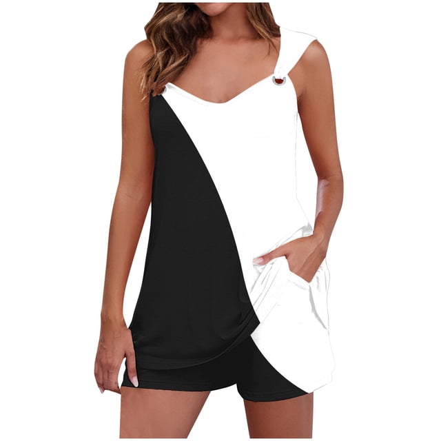 Yuyuzo Womens Lounge Sets Two Piece Square Neck Tank Tops Wide Leg Shorts with Pockets Matching Outfits