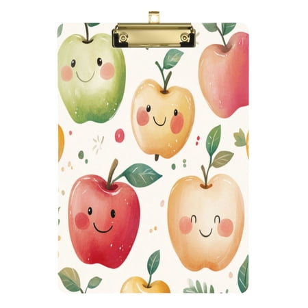 Acrylic Writing Board Gold12.5*9 Inch Clipboards Transparent Acrylic Material Suitable For Office Classroom Teachers Fashion Bloggers Stationery Enthusiasts Colorful Cartoon Smiling Apple