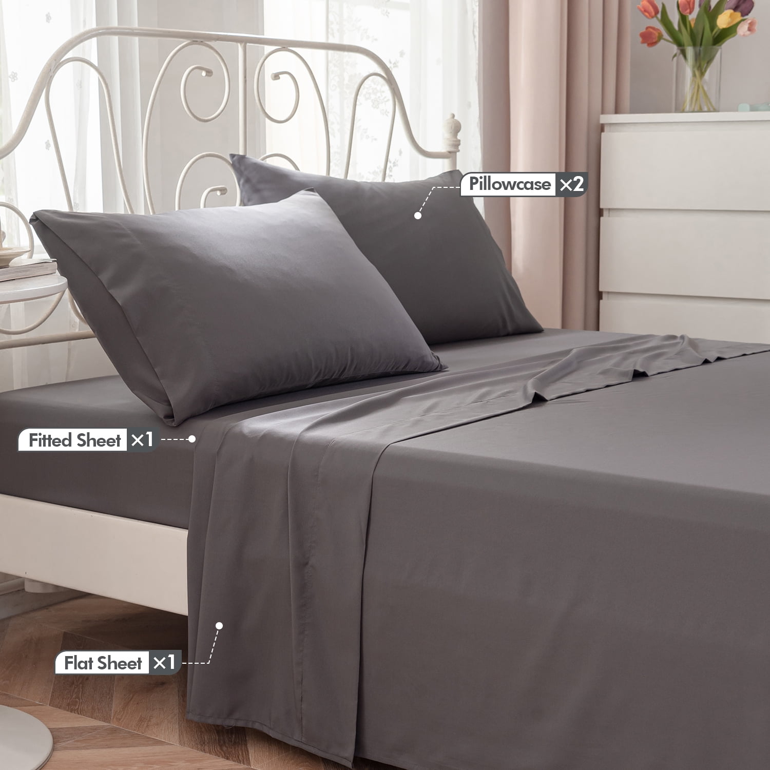 JOHNPEY Silky Bed Sheets Set Bamboo Soft Bed Sheets for Queen Size Bed,Flat Sheet + Fitted Sheet + 2 Pillowcase,Queen,Dark Gray