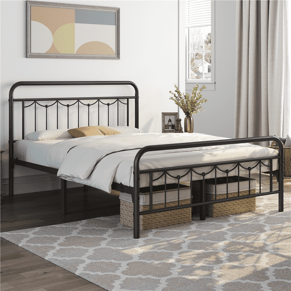 Alden Design Metal Platform Queen Bed with Vintage Headboard, Adult, Black