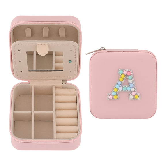 Unique Bargains Mini PU Leather Jewelry Box with Mirror Pink Letter A