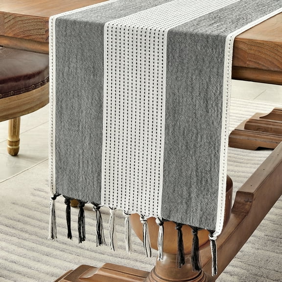 Wracra Cotton Linen Macrame Table Runner, Black, 13"×72"