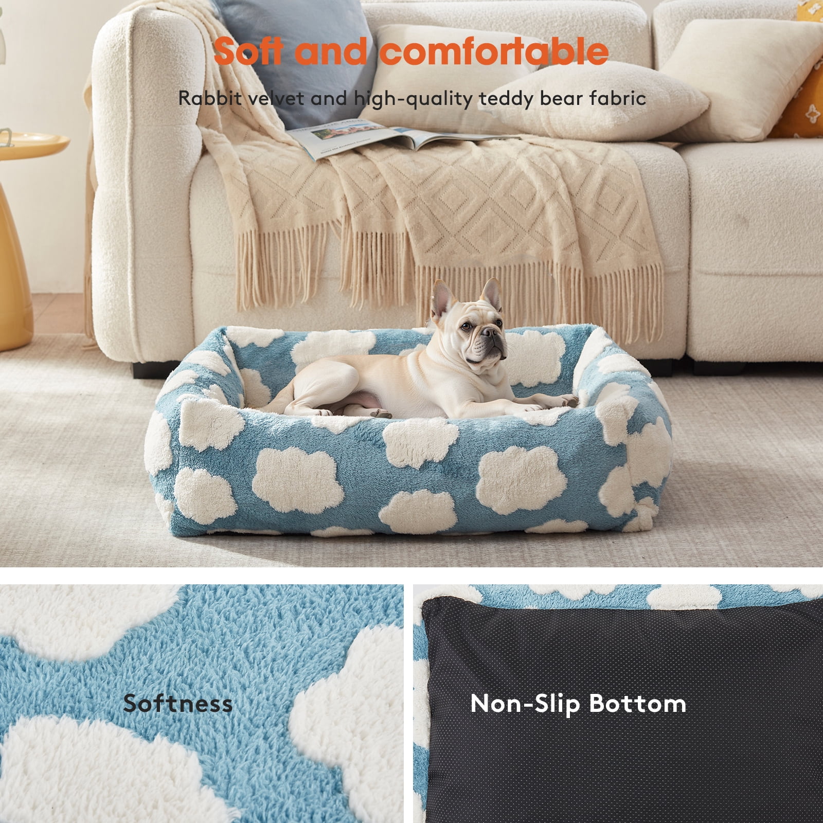 Cute Dog Bed for Medium Dogs, Cozy Rectangle Orthopedic Sofa , Washable Pet Beds with Jacquard Shaggy Plush and Anti Slip Bottom, Blue, 20"x19"x6"