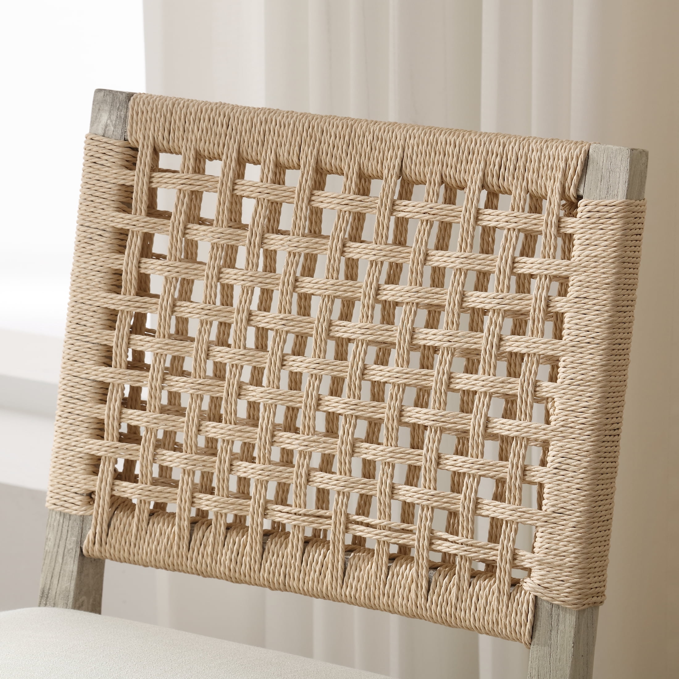 Guyou Farmhouse Dining Chairs Set of 2, Linen Upholstered Kitchen Chairs with Woven Rope Backrest, Mid Century Modern Solid Wood Side Chairs for Kitchen Dining Room, Ivory