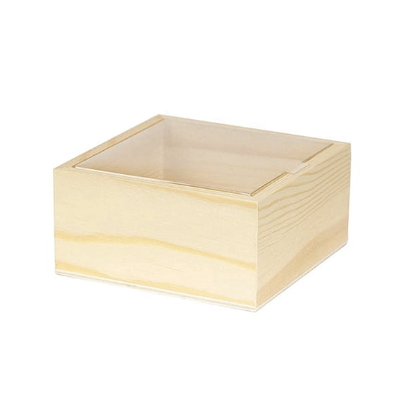 4.72×4.72×2.36 Inch Wooden Square Storage Box PapayaWhip Unfinished Gift Box with Sliding Design Clear Plastic Lid Jewelry Display Case Container