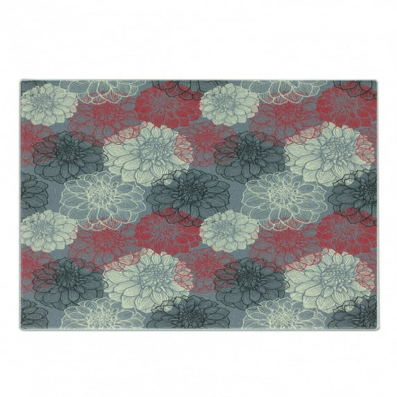 Dahlia Flower Cutting Board, Hand Drawn Repeating Big and Small Flowers Motif with Color Element Effects, Decorative Tempered Glass Cutting and Serving Board, Small Size, Multicolor, by Ambesonne