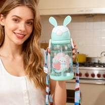AURIGATE 20.3oz Cute Cartoon Bunny Pattern Plastic Water Bottle with Straw for Kids Teen Girls Travel School Sports Spill Proof Portable Hand Strap Bottle