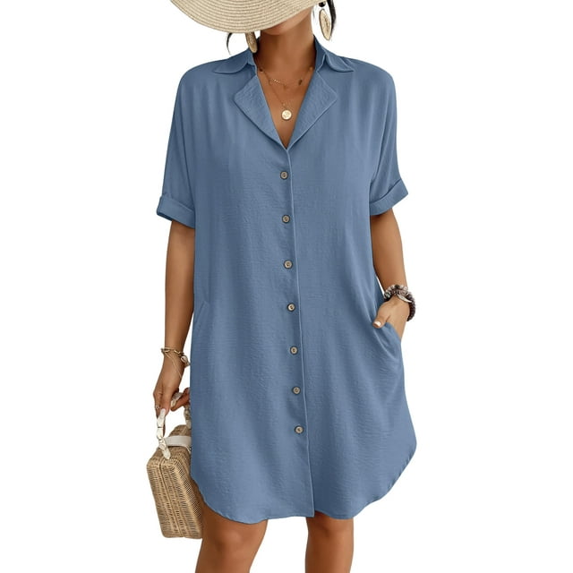 Bsubseach, disfraz de playa con botones para mujer, bikini, traje de baño, camisa, vestido casual de vacaciones, azul neblina S