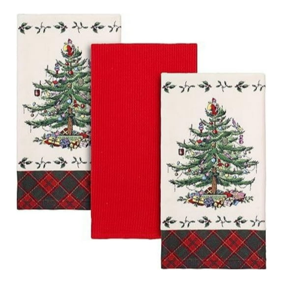 Spode - 3pc Kitchen or Bathroom Holiday Christmas Tree Tartan Collection Towel Set - 100% cotton