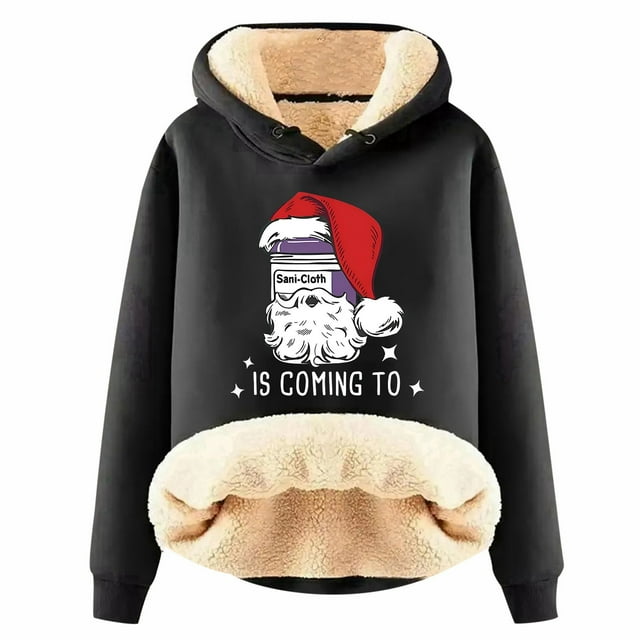 Haut à Capuche Chaud Imprimé de Noël pour Femmes Automne/hiver avec Fermeture Éclair Quart, T-Shirts Légers pour Femmes, Hauts Junior Mignons, Haut Rond, Mode Grande Taille pour Femmes, Noir TG