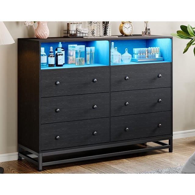 TROPOW Commode Grand pour Chambre avec Station de Recharge, Commode à 6 Tiroirs avec Lumières DEL, Armoire de Rangement Moderne Grande Capacité, Commodes et Chiffonniers en Bois pour Garde-Robe, Noir