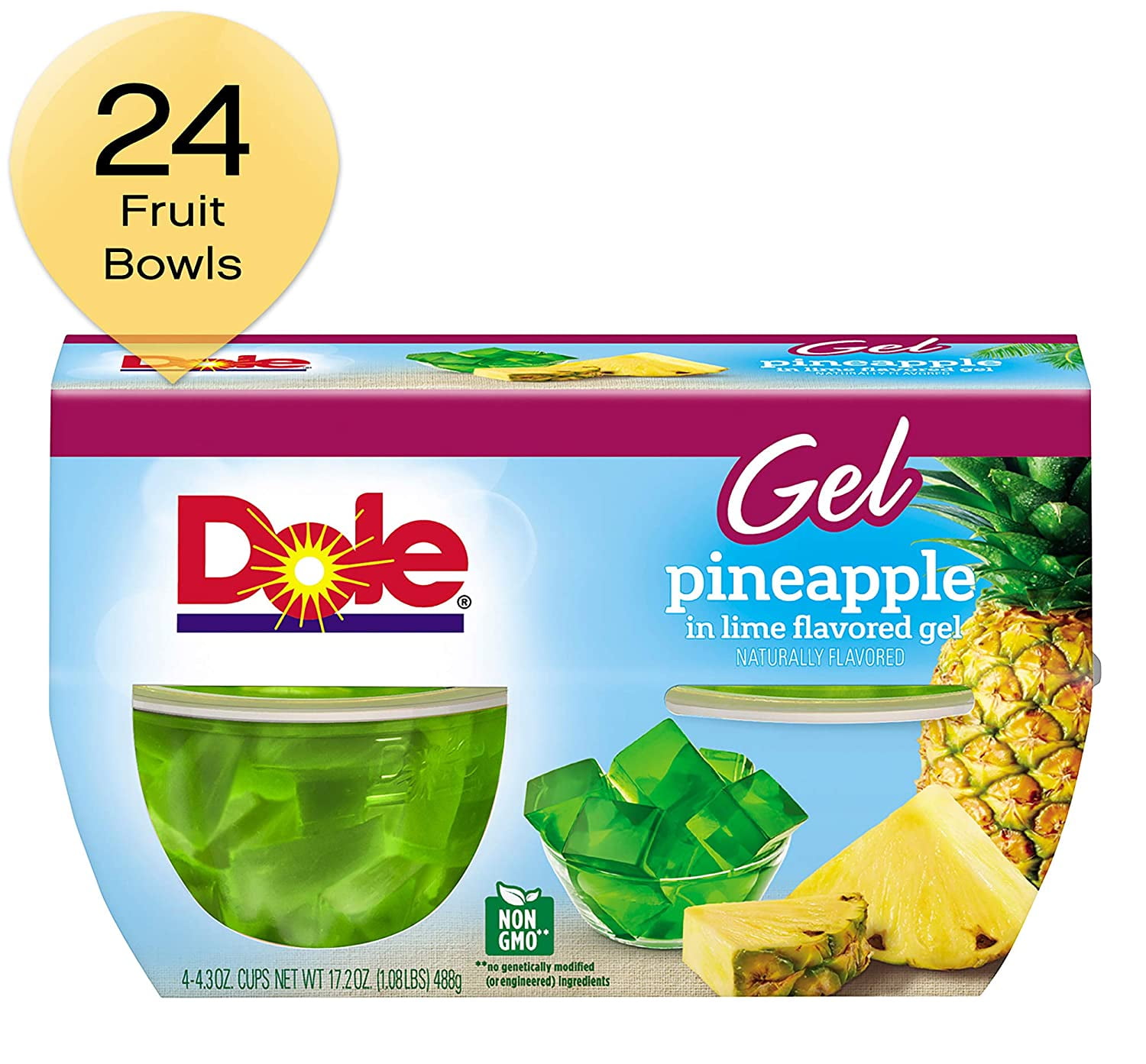 DOLE FRUIT BOWLS Pineapple in Lime Gel, 4 Count Fruit Bowls (Pack of 6)