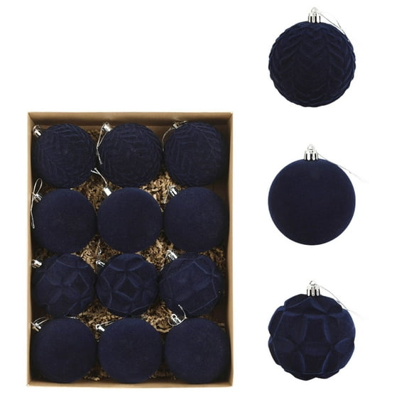 Btomtd 12pcs 8cm/3.15" Solid Color Velvet Flocked Christmas Balls, Large Size Hanging Christmas Ornaments for Tree, Plush Christmas Decorations Set, Blue