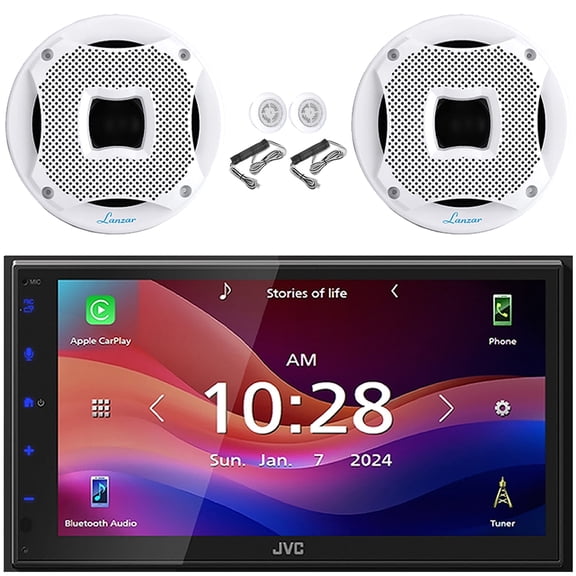 JVC KW-M690BW 6.8" Capacitive Monitor Single-DIN Bluetooth USB/MP3 Digital Media Shallow Chassis Multimedia Receiver, 2x Lanzar AQ65.2CMW 6.5" 450W Max Power 2-Way Component White Speaker Systems