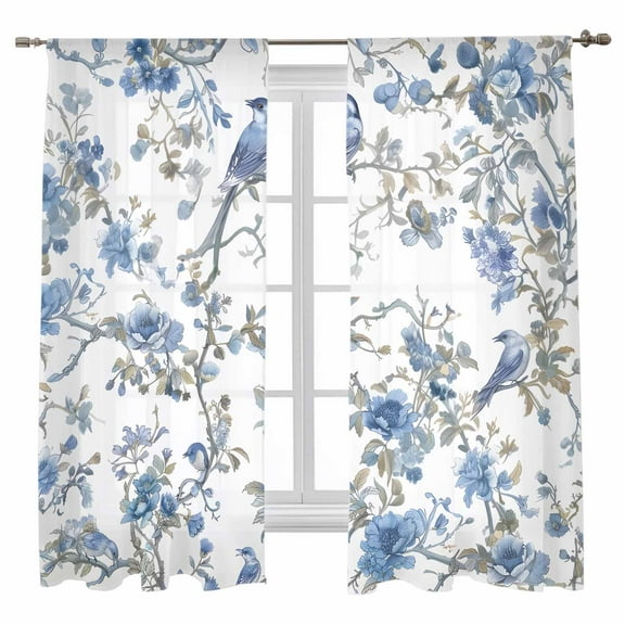 Chinese Style Sheer Curtains 63 inches Long 2 Panels Set Blue Flowers and Birds Figure Sheer Window Curtain Rod Pocket Voile Drapes for Living Room/Bedroom, Each 52" W x 63" L