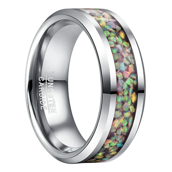 8mm Steel Color Tungsten Ring for Men Women Inlaid Crushed Opal Wedding Band