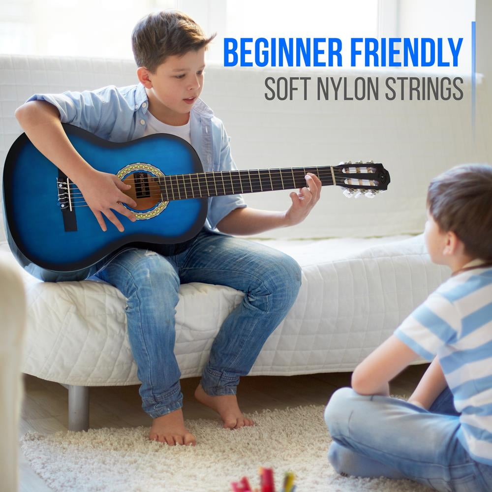 Beginner Classical Acoustic Guitar - 3/4 Junior Size 6 String Linden Wood Guitar w/ Gig Bag, Tuner, Nylon Strings, Picks, Strap, For Beginners, Adults - Pyle PGACLS82BLU (Blu