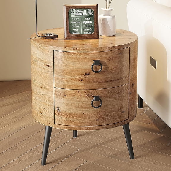 EastVita Round Side Table with Drawers Modern Night Stand with Storage Wooden Accent End Table Circle Bedside Table with Metal Legs for Living Room Bedroom (Natural)