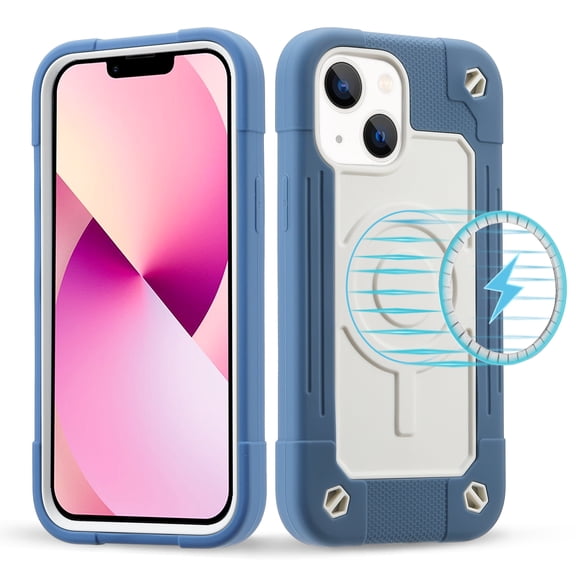 for iPhone 13 6.1" Magnetic Case Support Wireless Charging, Soft Silicone & Hard Plastic Frame Built-in 36 Grain N52 Magnets Heavy Duty Full Body Protective Shell, Deep Blue