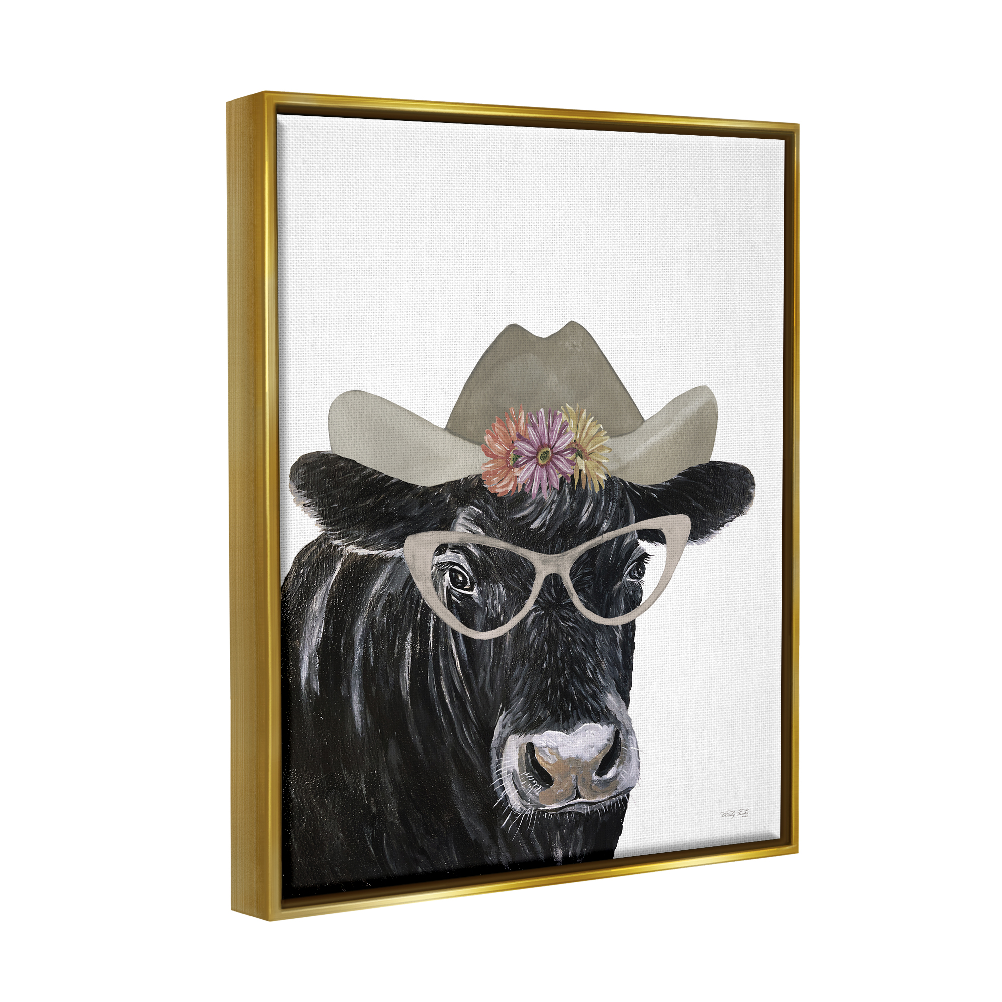 Stupell Industries Black Cow in Floral Hat Animals & Insects Painting Gold Floater Framed Art Print Wall Art, 25 x 31