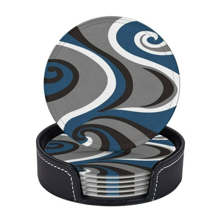 

Modern Art Geometric Blue White Coasters With Leather Holder Set Of 6 Round Coasters for Home and Kitchen Decor