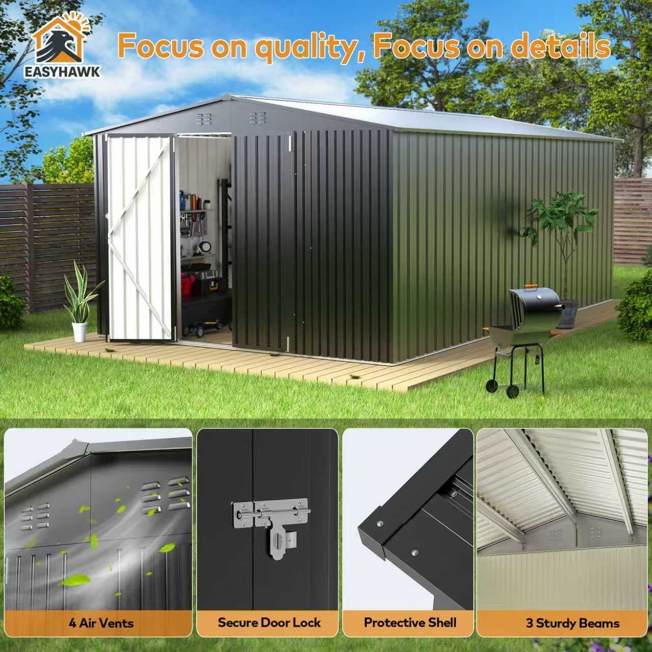 EasyHawk 10 ft x 14 ft Heavy-Duty Steel Outdoor Storage Shed with Lockable Doors for Backyard Use