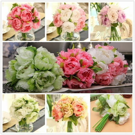 - Artificial Peony Silk Flowers 10 Heads with Leaf Bouquet Wedding Bridal Party Garden Multicolor