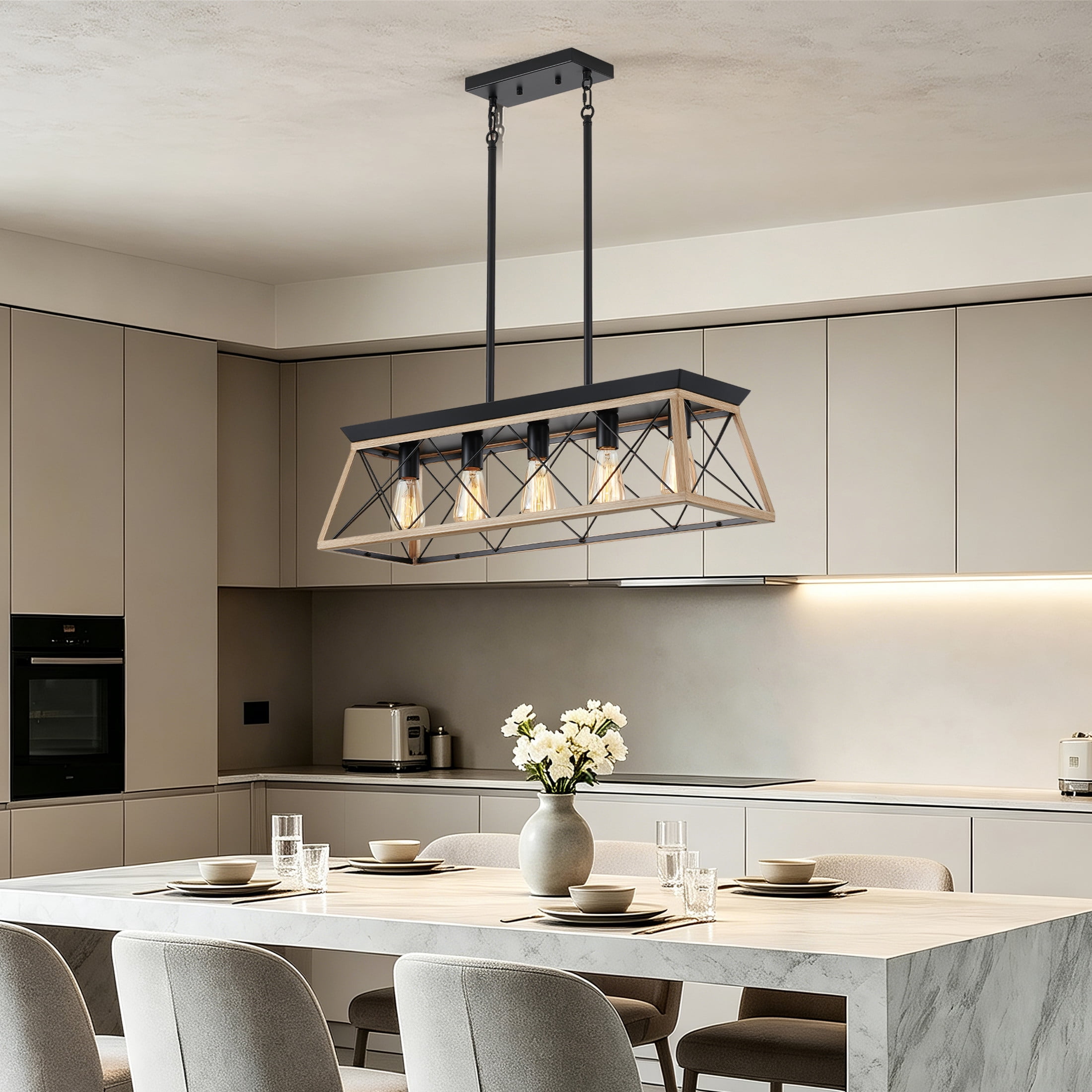 GDF Studio 5-Light E26 Farmhouse Chandelier, Rustic Kitchen Island Pendant Light with Adjustable Height, Natural Wood