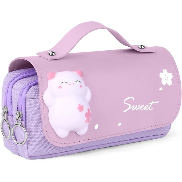 Estuche escolar morado resistente al agua con asa, estuche grande para lápices, estuche escolar para lápices con juguete de descompresión para estudiantes universitarios y de oficina