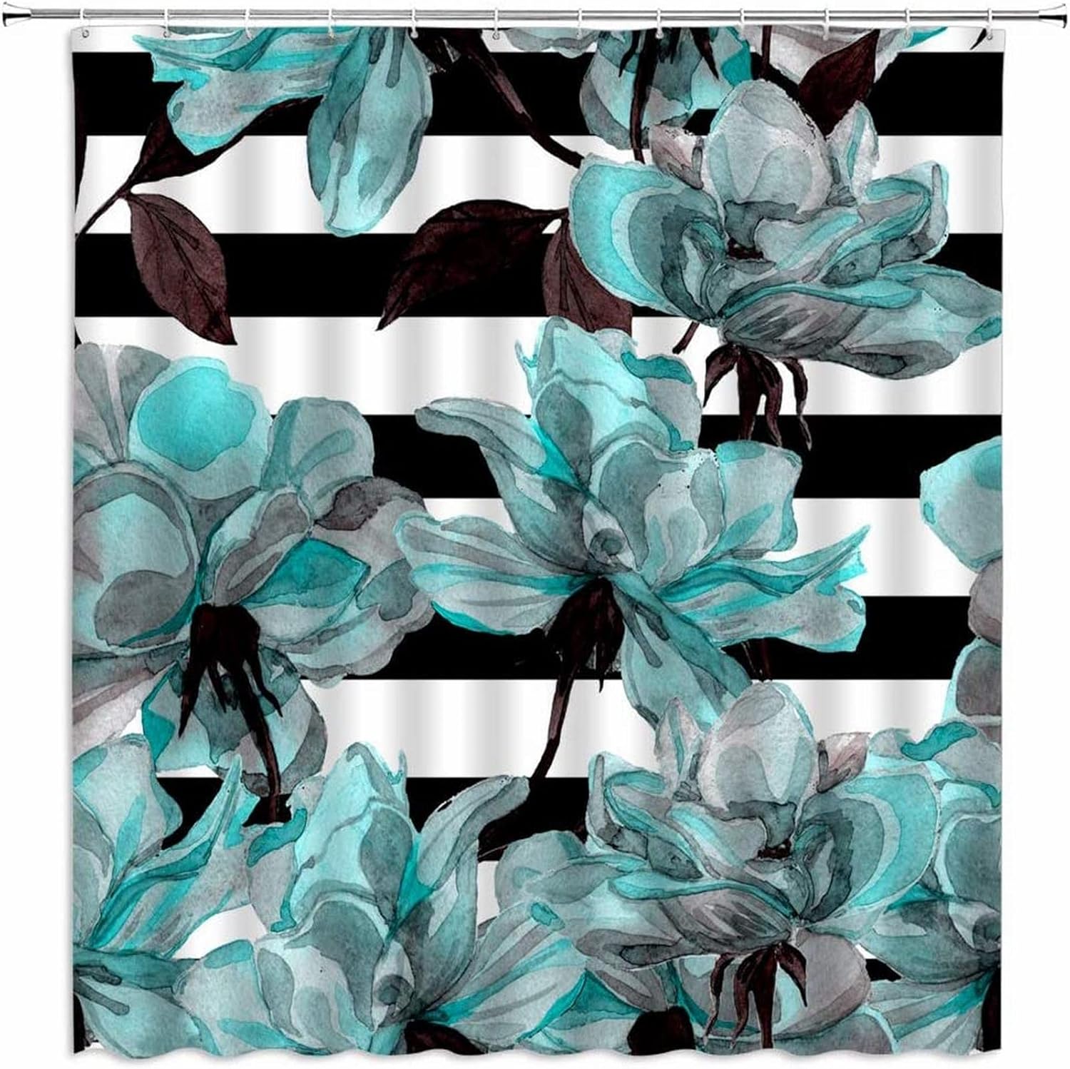 Teal Turquoise Flower Shower Curtain Black and White Striped Roses Floral Watercolor Abstract Art Rustic Home Bathroom Decor Set Polyester Fabric Include Hooks 72"W x 78"L (Pack of 1)
