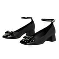 thumbnail image 3 of FSJ Women Classic Bowknot Square Closed Toe Block Heel Pumps Cap Toe Ankle Strap Low Chunky Heel Office Casual Party Shoes Size 7.5 Black Pearl, 3 of 4