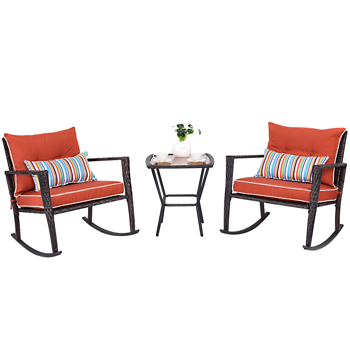 Patiojoy Rocking Chair Set 3 Piece Wicker Rattan Patio Furniture Set