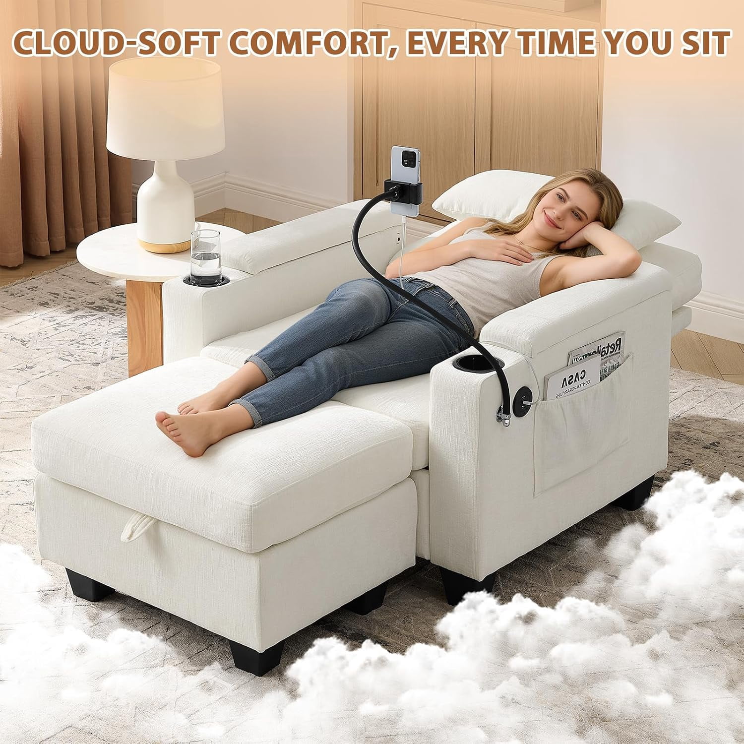 MOONMISS Oversized Chaise Lounge Chair Indoor, Single Convertible Recliner Reading Arm Sofa Chair W/Adjustable Backrest & Charging Port Couch Bed for Living Room, Home Theater & Bedroom,Beige