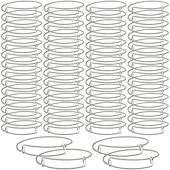 DESIGNICE 60Pcs Expandable Blank Bangle Bracelets Adjustable Wire Bracelets for DIY Jewelry Making, Silver