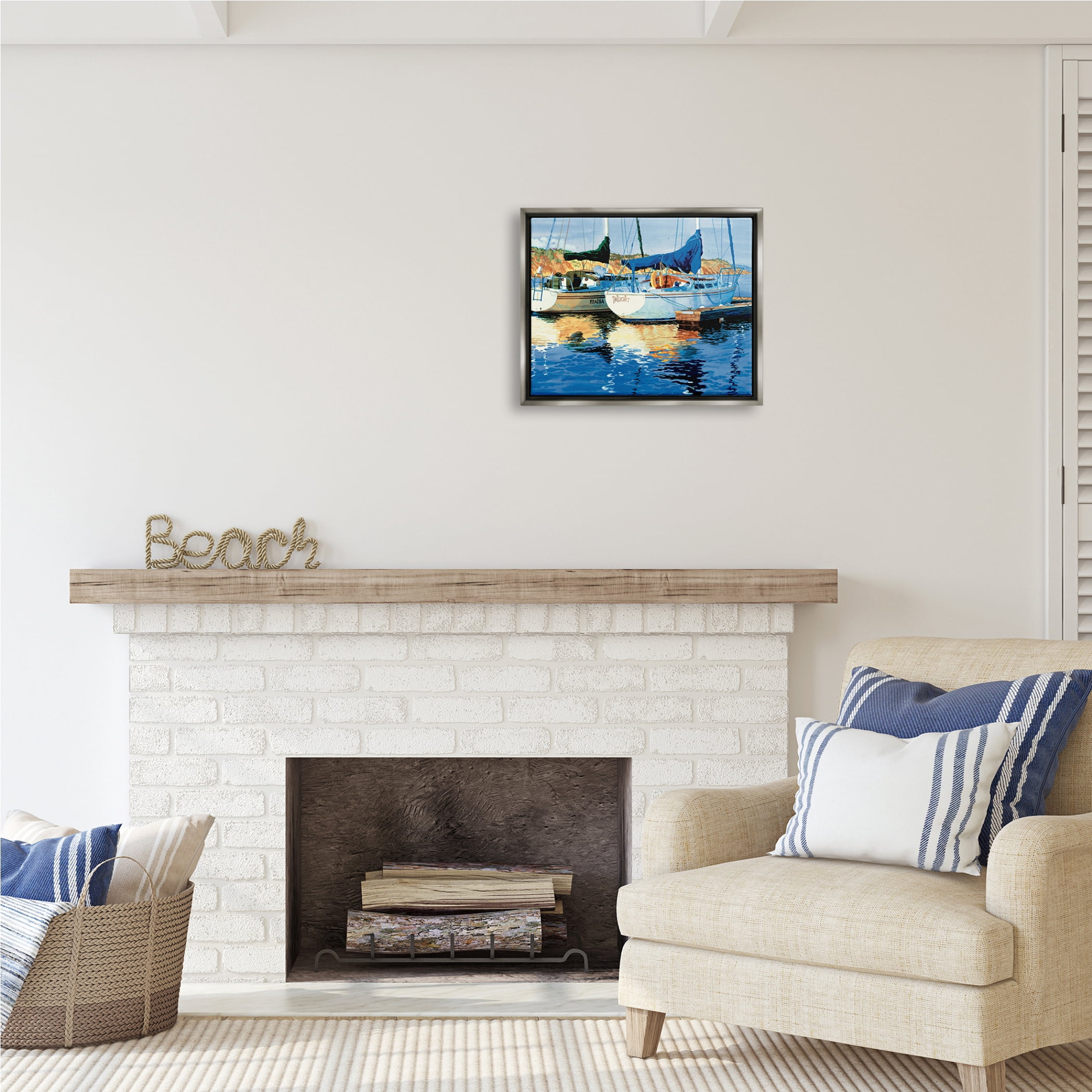 Stupell Industries Boats at Marina Dock Transportation Painting Gray Floater Framed Art Print Wall Art, 21 x 17