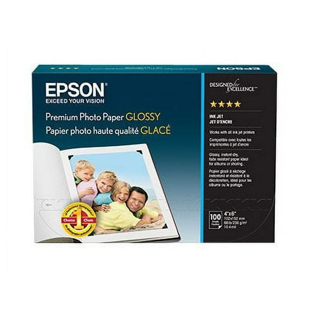 Epson Premium - Papier photo Brillant - 10,4 mil - Blanc Vif - 4 Po x 6 Po - 252 G/M - 68 Lb - 100 Feuille(S) - pour Expression ET-3600; Expression Premium XP-830; Force de Travail ET-16500, WF-2930