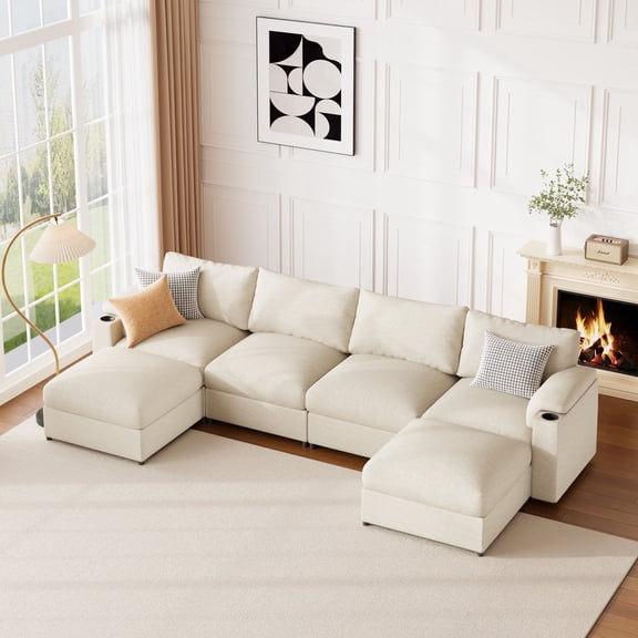 Modular Sectional Sofa Couch for Living Room, Oversized U-Shaped Cloud Couch with Deep Seats, Velvet Convertible Sleeper Sofa with Chaise, Cup Holders & Padded Armrests, 6-Seater