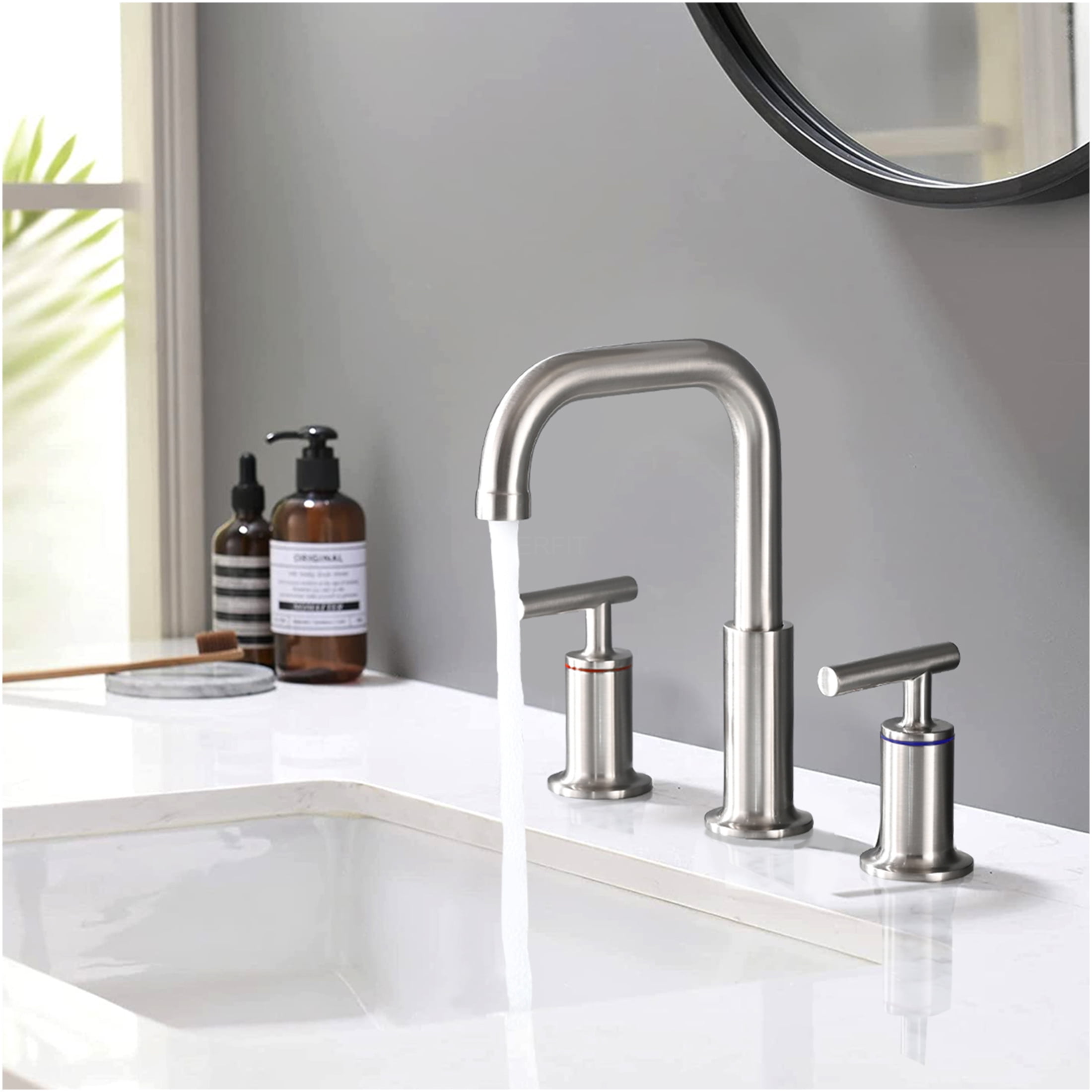 JERFIT 8 inch Widespread Bathroom Sink Faucet with Drain, Brushed Nickel Finish, High Arc Spout, Lever Handles, Solid Brass Construction