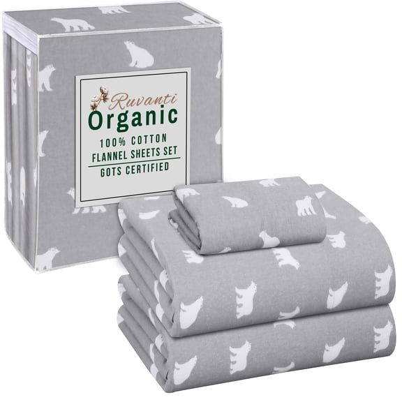 RUVANTI Organic Flannel Sheets Twin Size - 100% Cotton Double Brushed Bed Sheet Set - Deep Pocket 16 Inches - All Seasons Breathable, Extra Soft, Warm & Cozy - 3 Pieces - Baby Bear