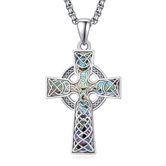 TANGPOET 925 Sterling Silver Celtic Knot Cross Necklace for Men Women, Abalone Shell Inlaid Unisex Pendant Jewelry Gift