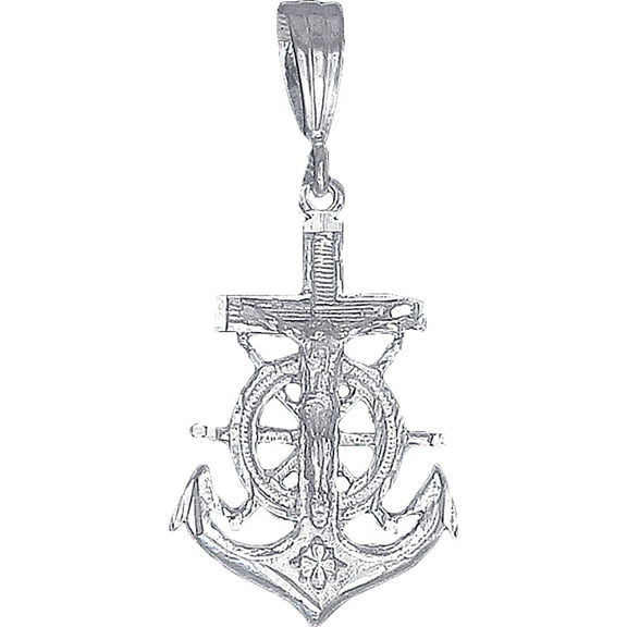 Sterling Silver Anchor Cross with Jesus Pendant Necklace with Diamond Cut Finish and 24 Inch Figaro Chain