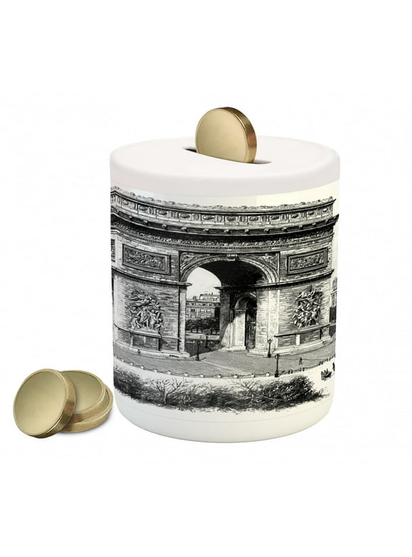 Vintage Piggy Bank, Old Photo of Auguste Vitu Monument in Paris French Heritage Retro Picture, Ceramic Coin Bank Money Box for Cash Saving, 3.6" X 3.2", Black and White, by Ambesonne