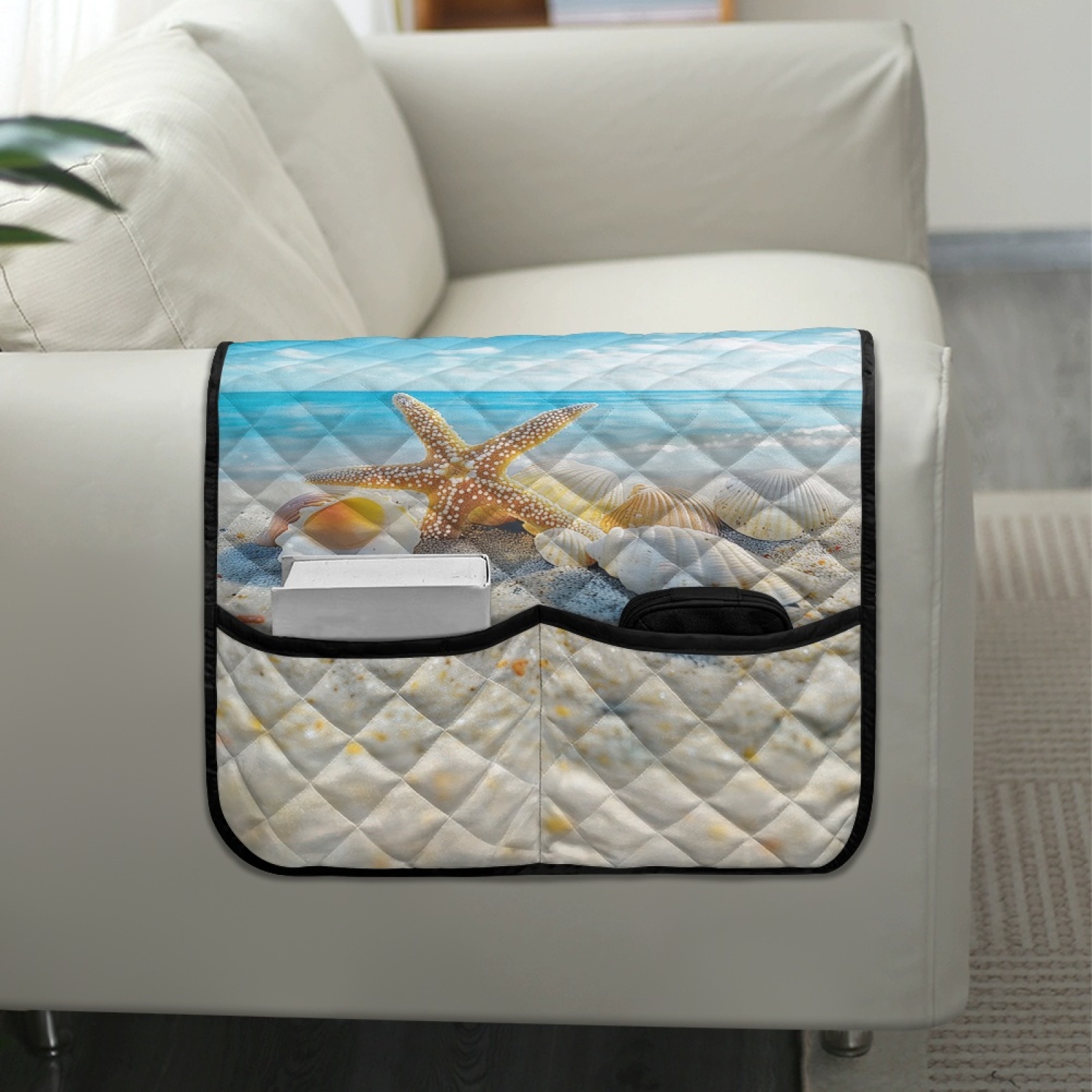 TSOVTHRID Beach Starfish Seashells Print Armrest Cover for Sofa with 2 Side Organizer Pockets 44x20 inch Arm Covers for Loveseat, Recliner, Chair Anti-scratch Armchair Protector