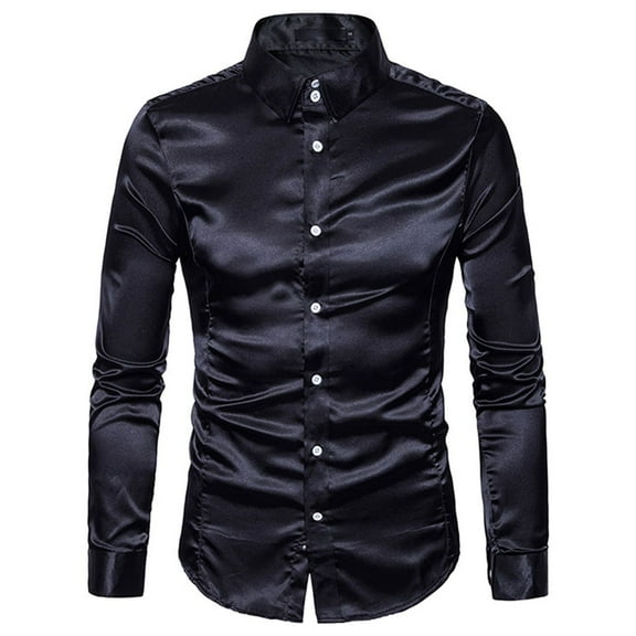 Men's Button Down Shirts Long Sleeve Shirt Slim Fit Soft Satin Silky Casual Party Performance Special Occasion Black Medium