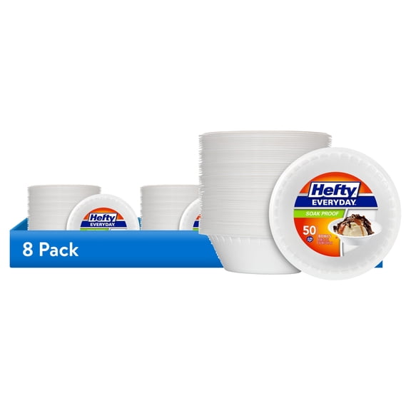 (8 pack) Hefty Everyday Soak-Proof Foam Bowls, White, 12 ounce, 50 Count