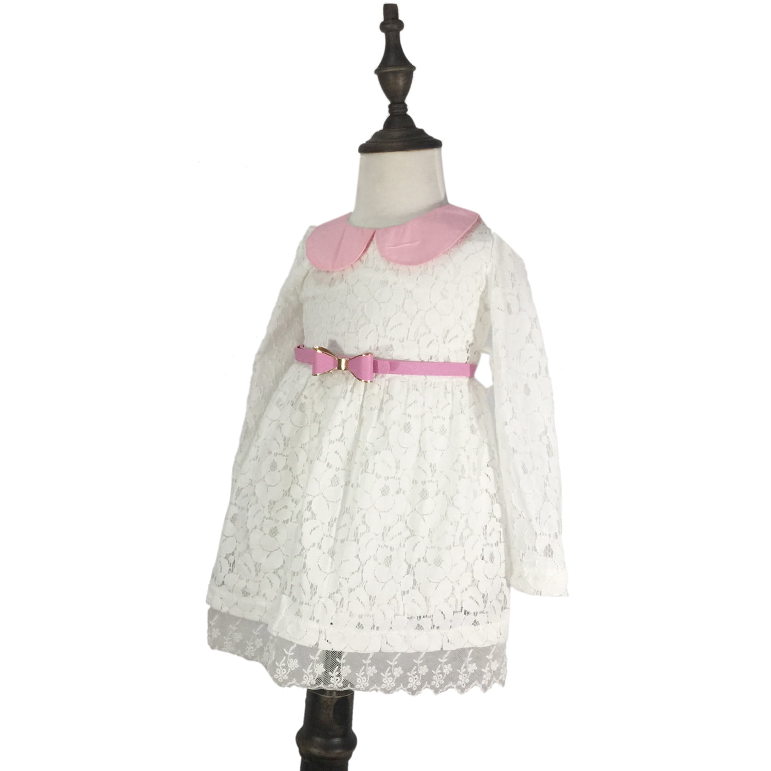 K-Cliffs Toddler/Little Girls Long Sleeve Lace Dress with Belt, White Size 130 Girls