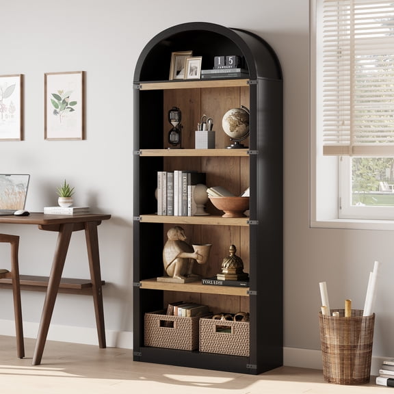 5-Tier Arched Wooden Bookcase – 71.65" Tall Modern Farmhouse Bookshelf with Black Wood Grain, Metal Corner Protection – Display Storage Shelf for Living Room, Office, Bedroom