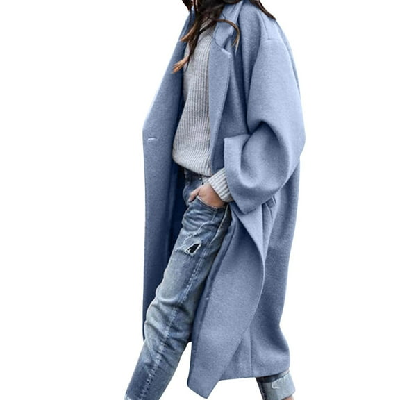YDFCWXW Women's Oversized Notched Collar Wool Blend Single Midi Long Trench Coat Blue, 3XL